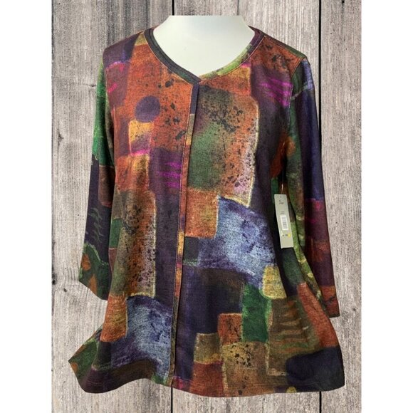 Ali Miles Petite quarter sleeve vneck graphic multicolor color block top NEW PM - Picture 2 of 8